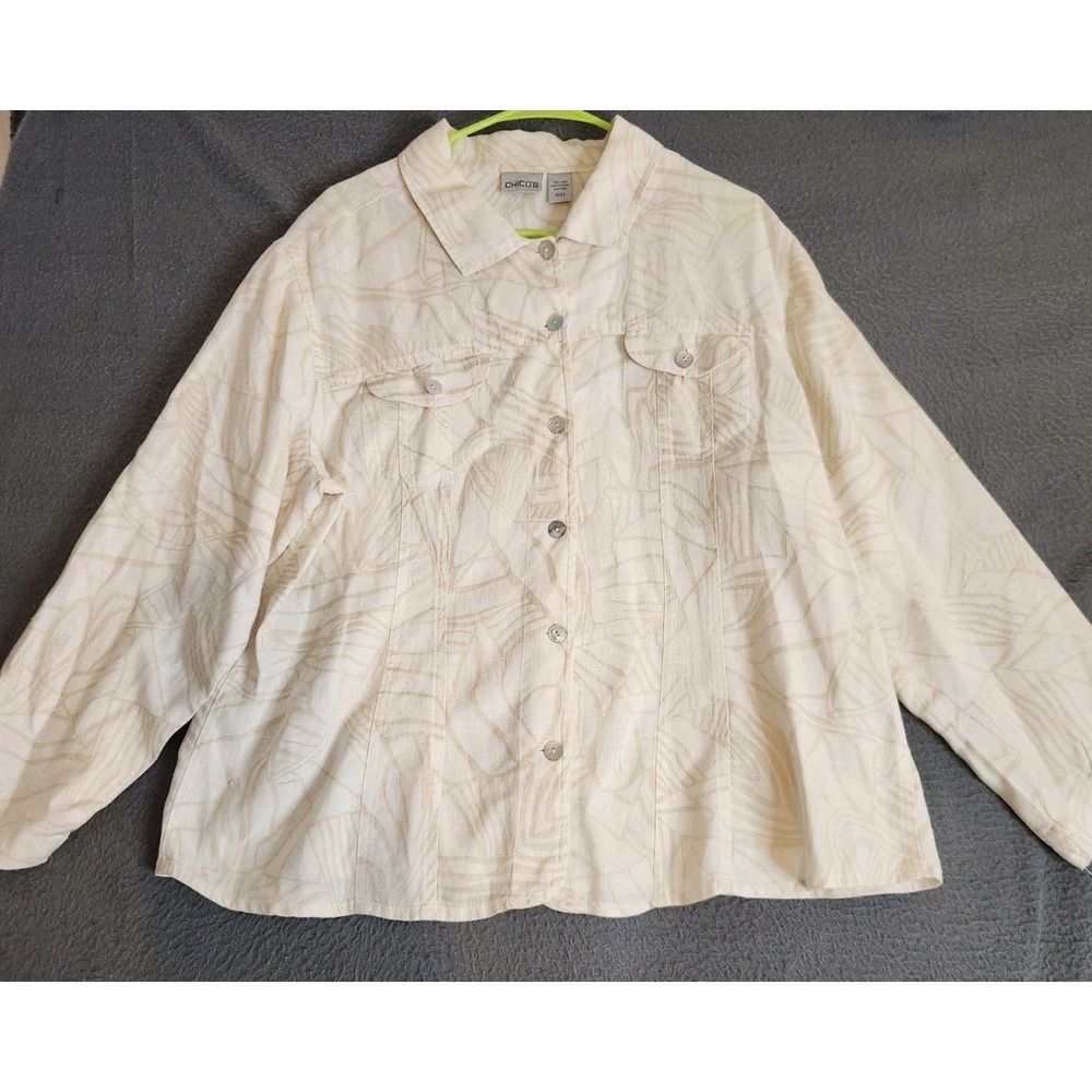 Chicos 100% Linen Palm Print Tropical Top Jacket Ivory‎ Womens Sz 3 US 16 18 XL